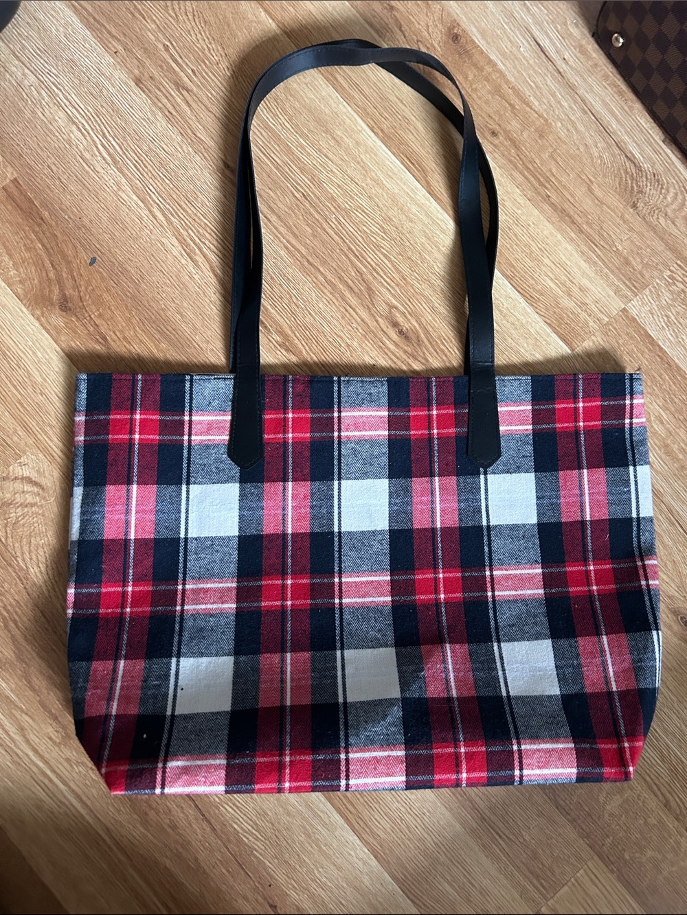 Plaid Red & Black Tote Bag with Faux Leather Straps